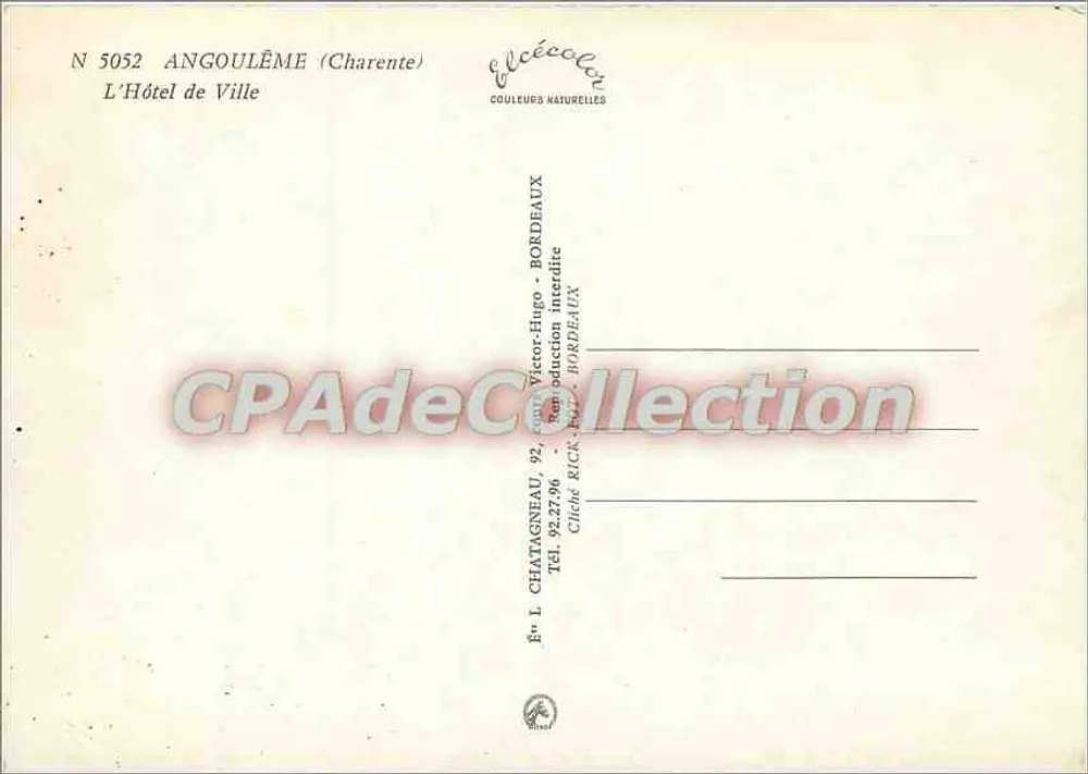 Angoulême — O Hotel de Ville — Editor L. Chatagnéau, Bordeaux - Verso