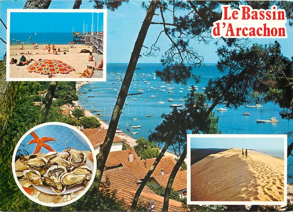 O Lago de Arcachon — vista panorâmica com praia, dunas e ostras — Edições e Impressões Combier / Macon - Frente