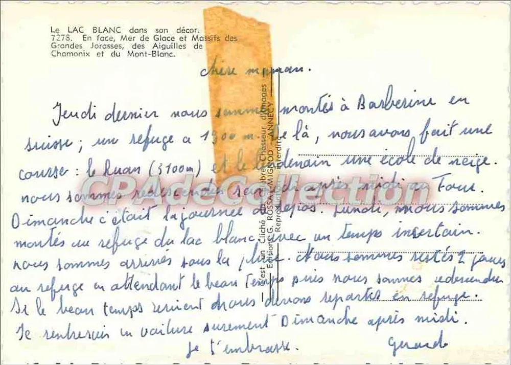 Lac Blanc — Massif das Grandes Jorasses e Mont-Blanc — Editor G. ROSSET & AIGNOD, n° 7278 - Verso