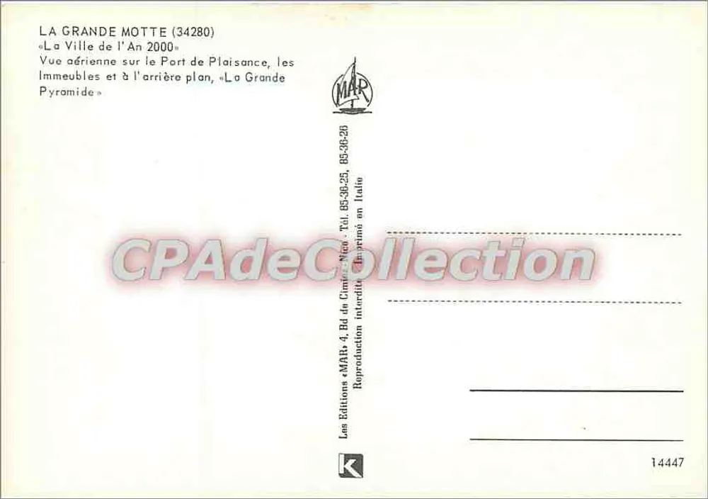 La Grande Motte (34280) — Luftbild der Marina, Gebäude und im Hintergrund, die Große Pyramide — Éditions MAP - Rückseite