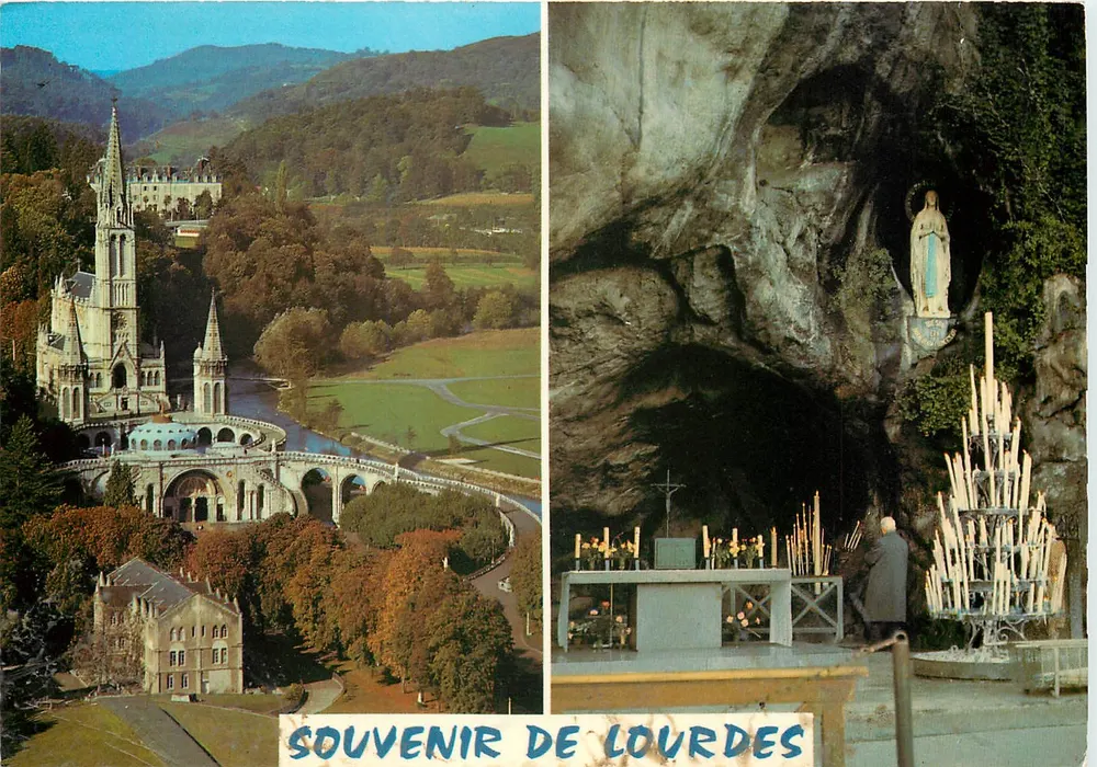 Lourdes — vista do santuário e da gruta — Souvenir de Lourdes, Éditions d'Art Pyrénéen - Frente