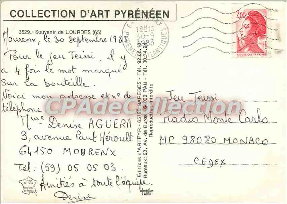 Lourdes — vista do santuário e da gruta — Souvenir de Lourdes, Éditions d'Art Pyrénéen - Verso