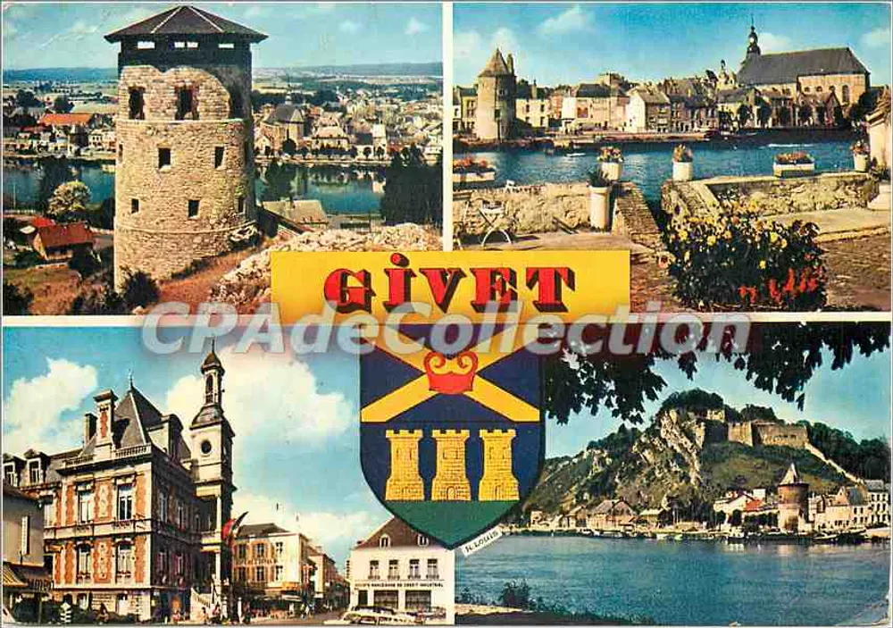Givet (Ardennes) — Panoramablick mit Turm Grégoire, Festung Charlemont, Rathaus und Wappen — Éditions HENGEN-SOPARA - Vorderseite