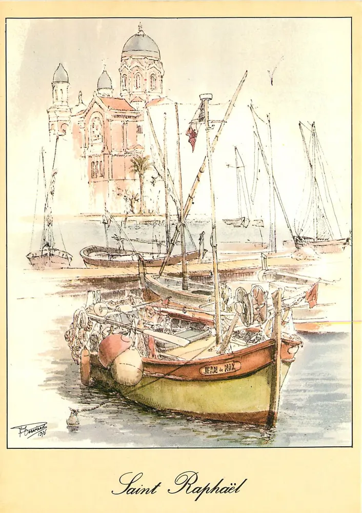 Saint-Raphaël — porto com igreja e barcos — desenho de F. Perreard 1910 - Frente