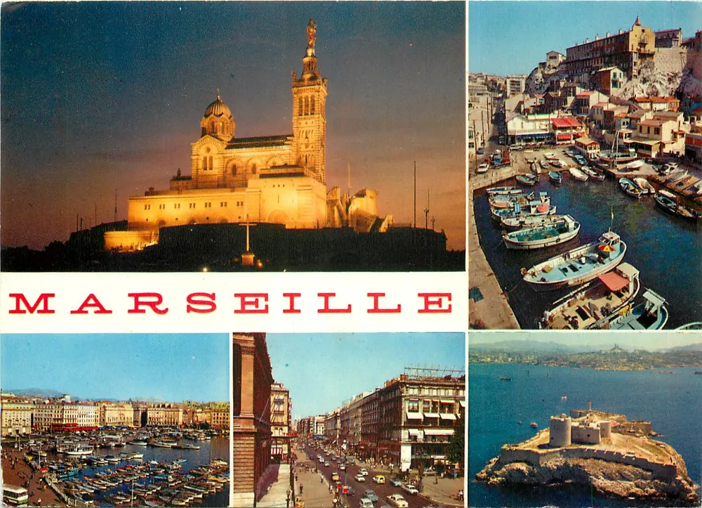 Marseille — vista panorâmica com a Notre-Dame de la Garoupe e o porto — editor Le Carrefour du Monde, n° 1.041 - Frente