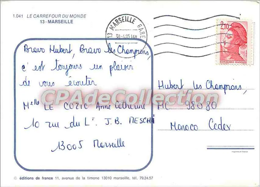 Marseille — vista panorâmica com a Notre-Dame de la Garoupe e o porto — editor Le Carrefour du Monde, n° 1.041 - Verso