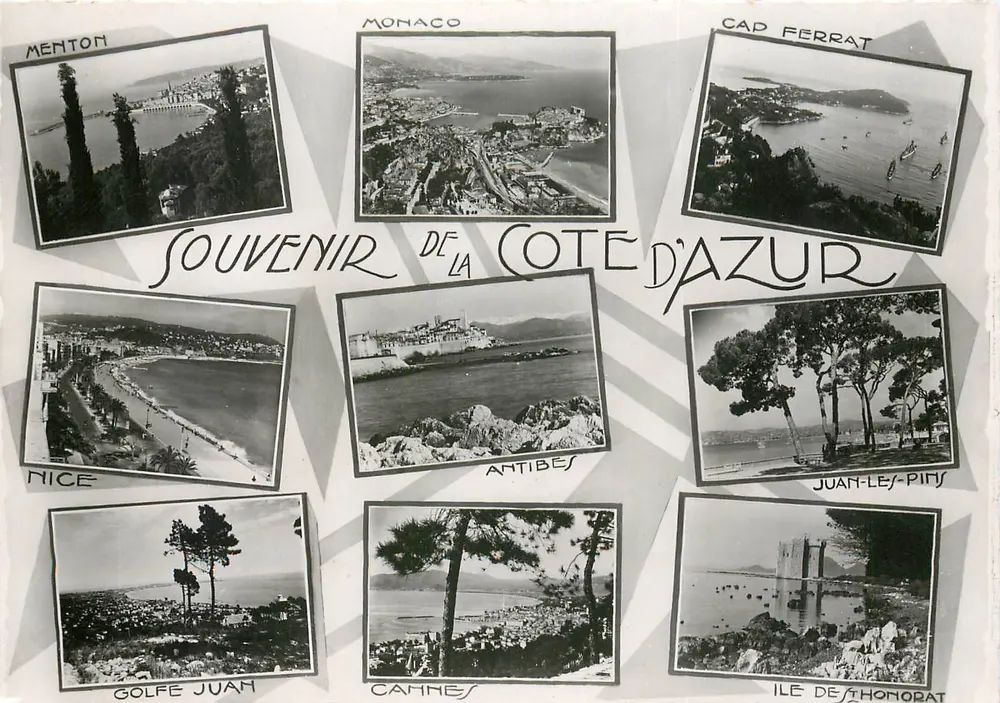 Erinnerung an die Côte d'Azur — 9 Vignetten (Menton, Monaco, Cap Ferrat, Nice, Antibes, Juan-les-Pins, Golfe Juan, Cannes, Île de Théodorat) — Editions L.A. Nîces, n° 338 - Vorderseite