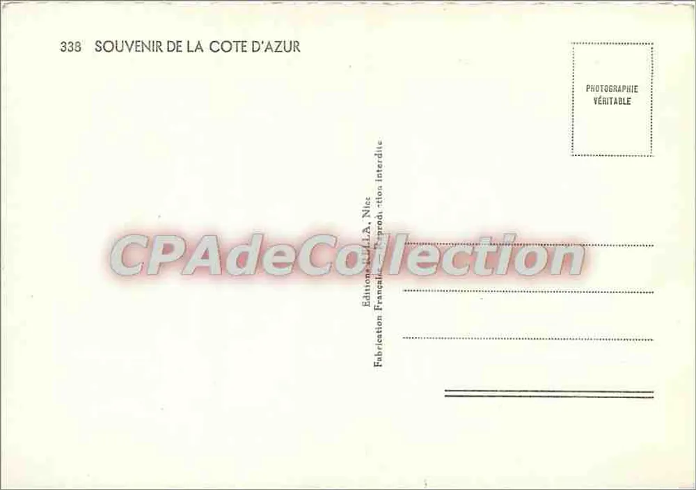 Erinnerung an die Côte d'Azur — 9 Vignetten (Menton, Monaco, Cap Ferrat, Nice, Antibes, Juan-les-Pins, Golfe Juan, Cannes, Île de Théodorat) — Editions L.A. Nîces, n° 338 - Rückseite