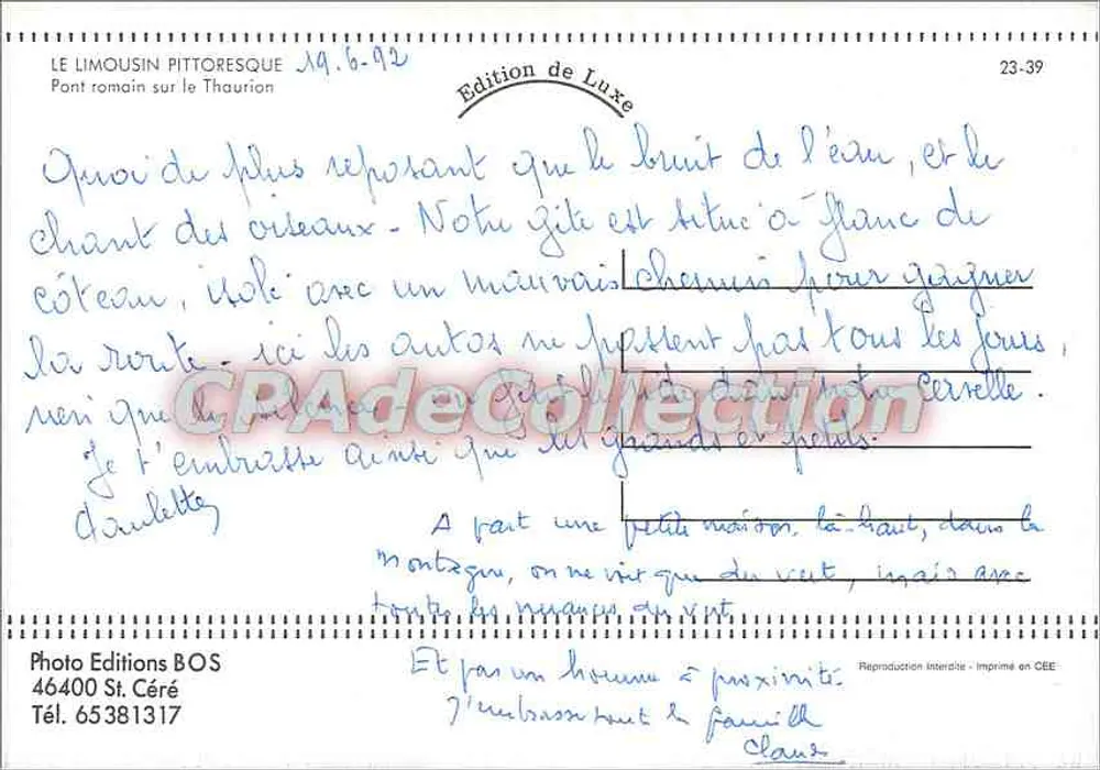 Pont romain sur le Thaurion — éditeur Photo Editions BOS, n° 23-39 - Rückseite