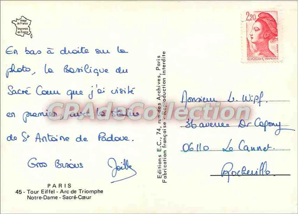 Paris — vue de la Tour Eiffel, l'Arc de Triomphe, Notre-Dame et le Sacré-Cœur — Éditions E.C. - Achterkant