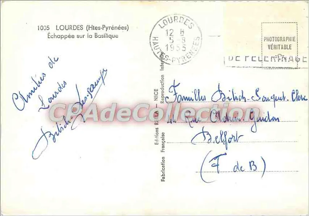 Lourdes — Visão da Basílica — Éditions Rotta, n° 1005 - Verso
