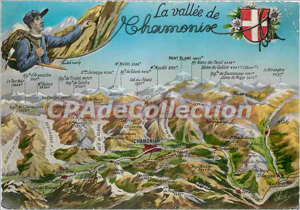 A vallé de Chamonix — carta postal ilustrada com mapa topográfico — Edições André Marcy, n° 268 - Frente