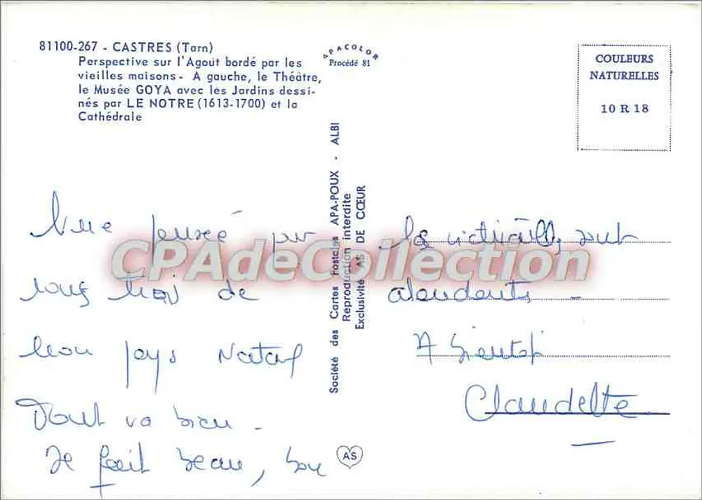 Castres (Tarn) — Ansicht des Agout, umgeben von alten Häusern, dem Theater, dem Goya-Museum und der Kathedrale — APA-POUX Postcard Society - Rückseite