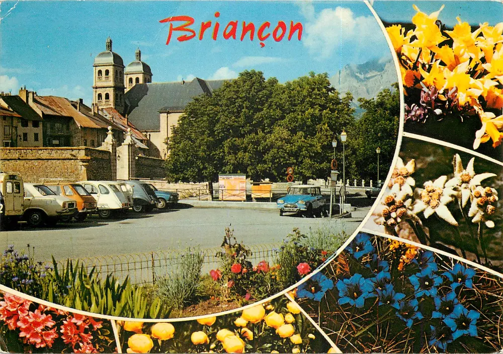 Briançon — Ansicht der Place mit der Kathedrale und Blumen — Éditions J. Cellari - Vorderseite