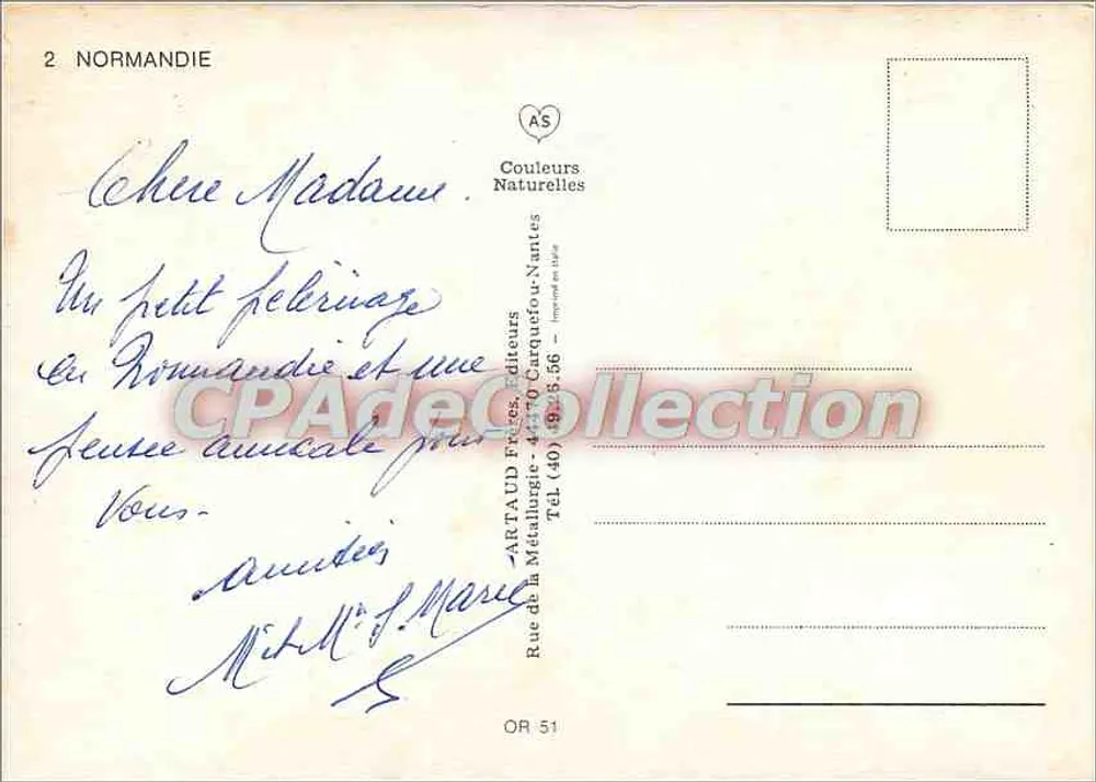 Normandia — Carta postal ilustrada — ARTAUD Irmãos, Nantes - Verso