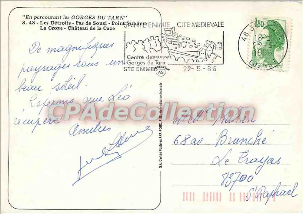 Gorges du Tarn — Panoramablick mit Wappen und Schloss — S.A. Cartes Postales APA-POUL - Rückseite