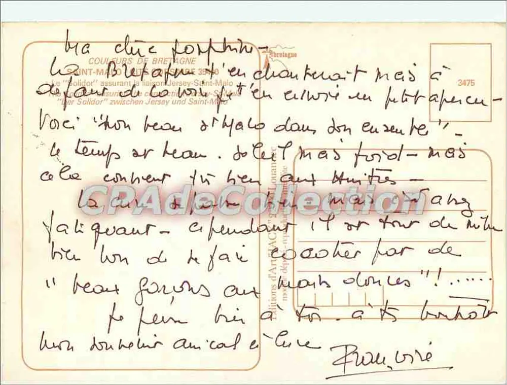 Saint-Malo — Luftbild des Hafens mit Fähre — Verlag 'Coulours de Bretagne' Nr. 3475 - Rückseite