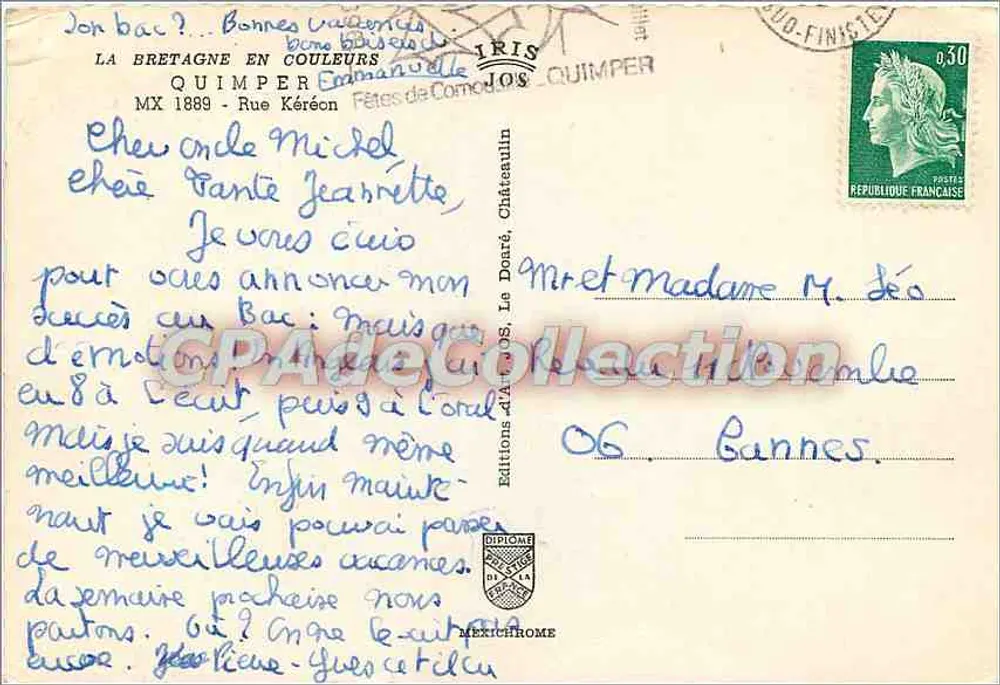 Quimper — Vista da rua com a catedral — Edições Diplôme de la Mérichrome - Verso