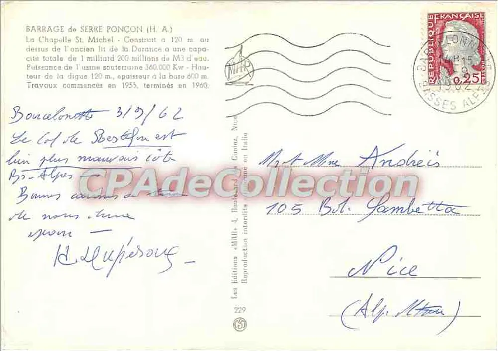 Lago de Serre-Ponçon — presa de agua y capilla de San Miguel — Ediciones Mille+4, n°229 - Reverso