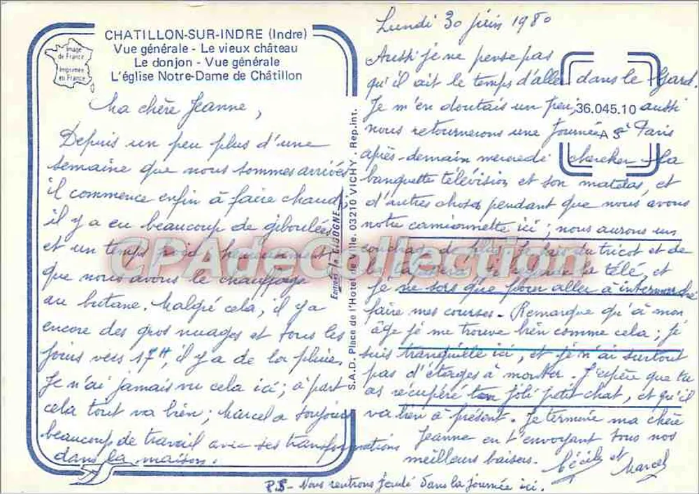 Châtillon-sur-Indre — allgemeiner Blick, Schloss, Kirche — Verlag: Imprimerie de France - Rückseite
