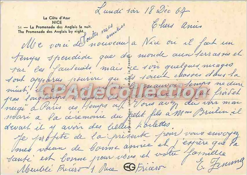 A Promenade dos Ingleses — Noite — Editor CPADeCollection - Verso