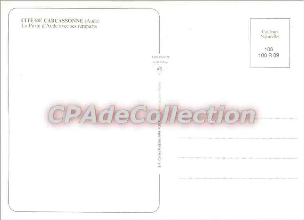 Stadt Carcassonne — Ansicht der Aude-Türe mit ihren Mauern — S.A. Cartes Postales A.P.A. französische Produktion - Rückseite