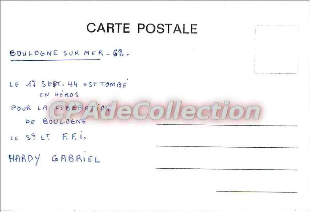 Boulogne-sur-Mer — Memória de Gabriel Hardy — Carta postal - Verso