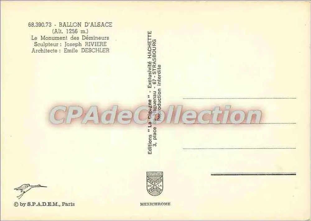 Ballon d'Alsace — Denkmal der Minenräumer — Editions 'La Cigogne' n°68.390.73 - Rückseite