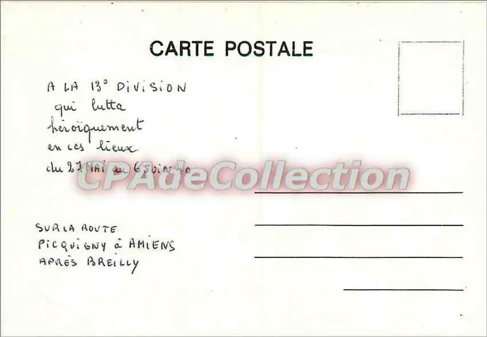 Denkmal für die 13. Division — Picquigny nach Amiens nach Breilly — Vintage Postcard/Antike Ansichtskarte - Rückseite