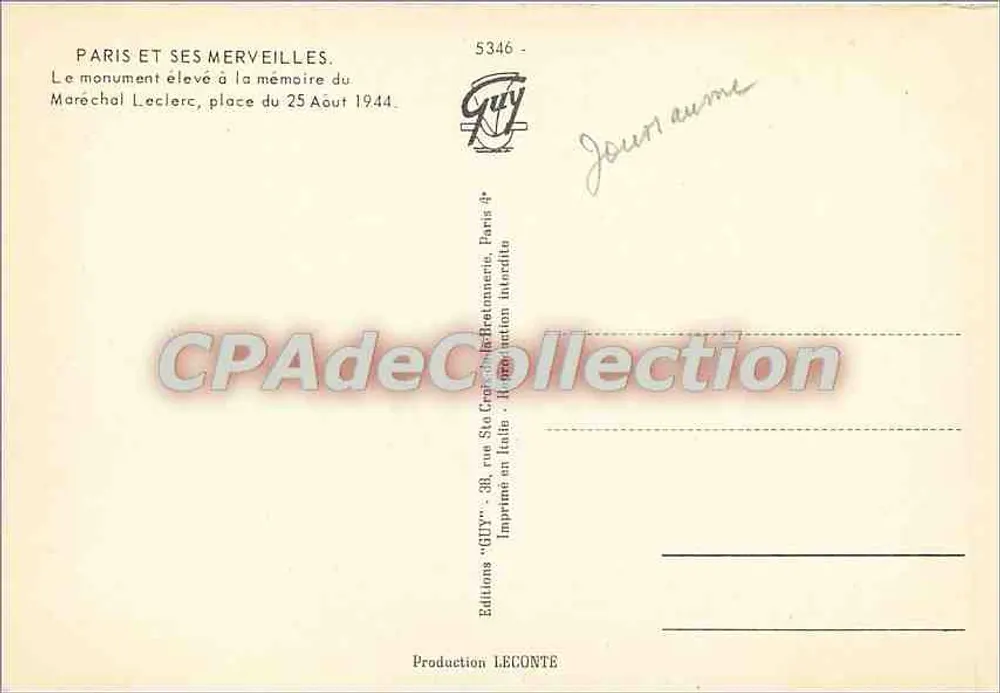 Denkmal für den Marschall Leclerc — Paris — Editions Guy - Rückseite