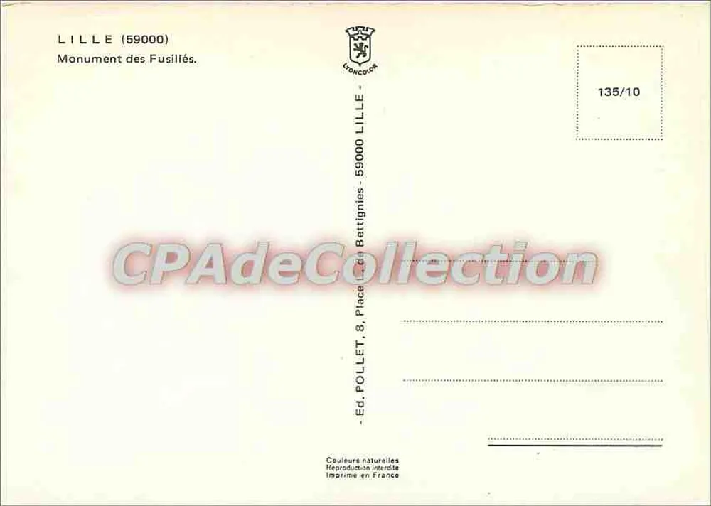 Lille (59000) - Monument dos Fuzilados — Ed. POLLET, n° 135/10 - Verso