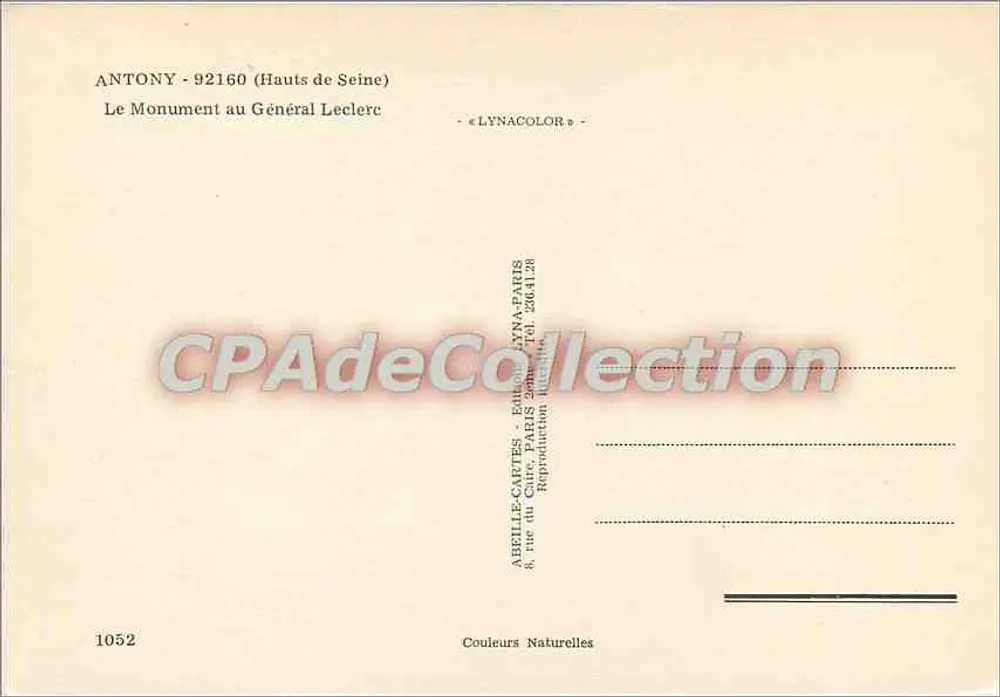 Antony - Monument aan generaal Leclerc — uitgever ABEILLE-CARTES, nr. 1052 - Achterkant