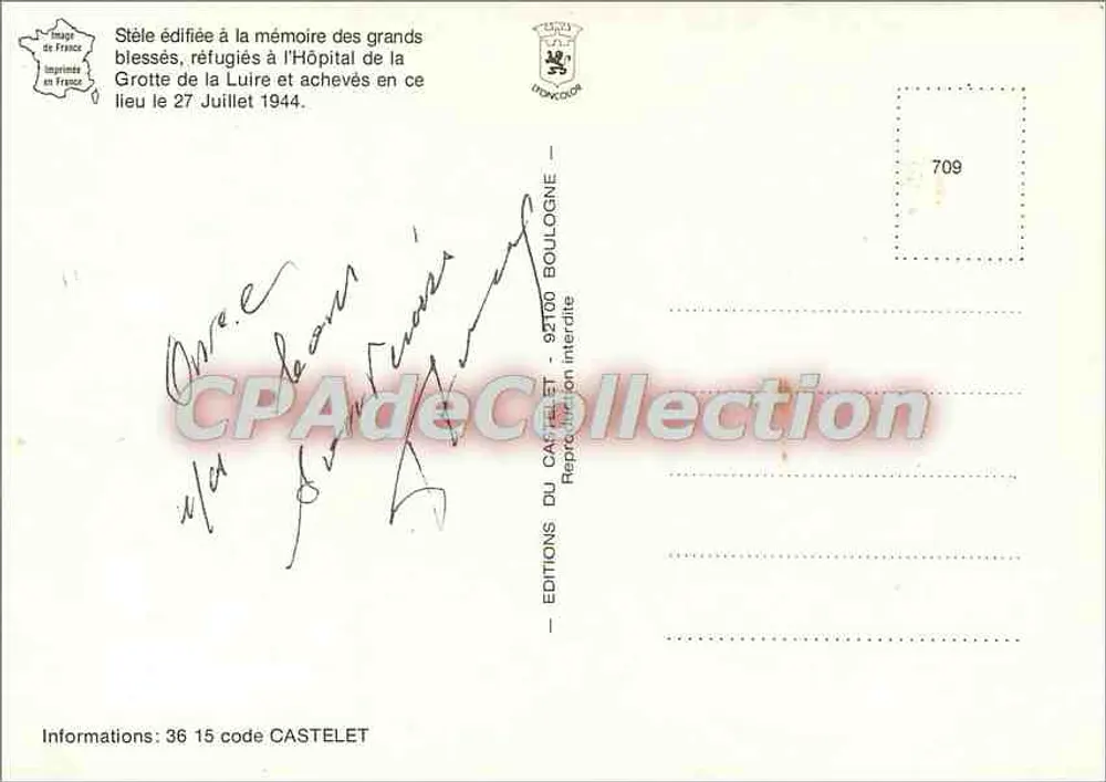 Gruta da Luire — Estela comemorativa dos feridos — Éditions du Castel - Verso