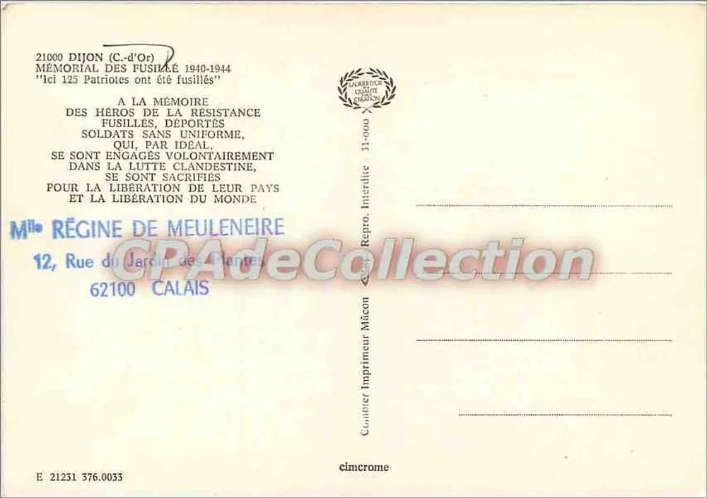 Gedenkstätte der Erschossenen 1940-1944 — Dijon (C.-d'Or) — Verlag Cimcrome - Rückseite