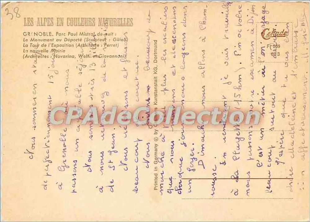 GréNOBLE - Monument ao Déportado e Torre da Exposição — editor Céladine, n° 38 - Verso