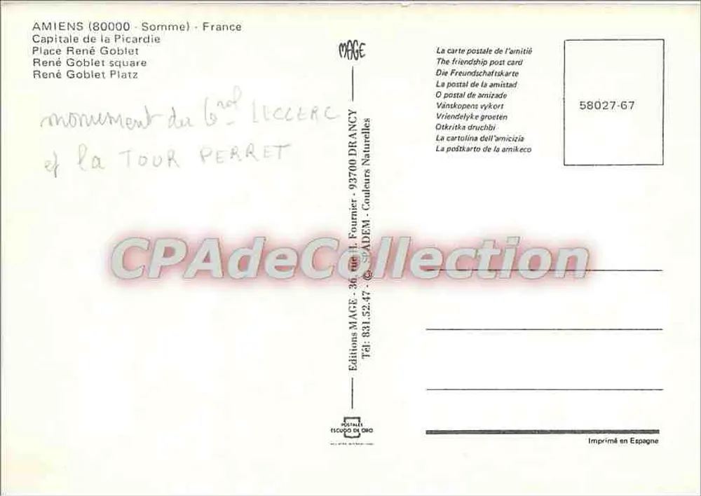 Amiens — Place René Goblet — Denkmal des Generals Lecercle und Turm Perret — MAGE Editions - Rückseite