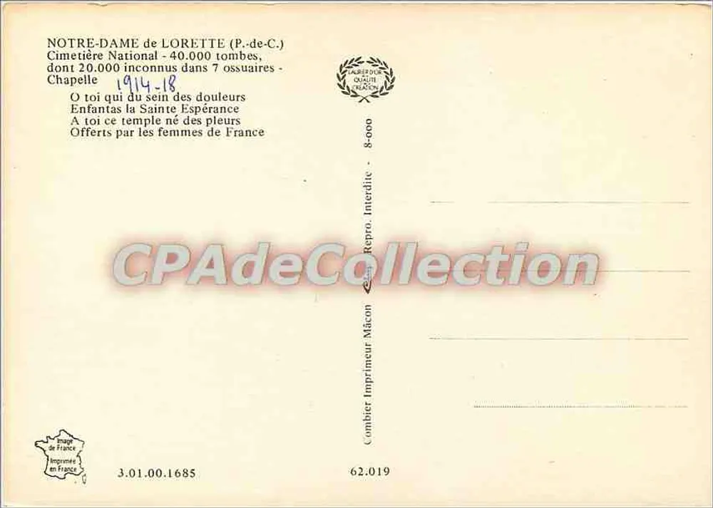 Notre-Dame de Lorette — Kapelle des Nationalfriedhofs — Combier Imprimeur Mâcon - Rückseite