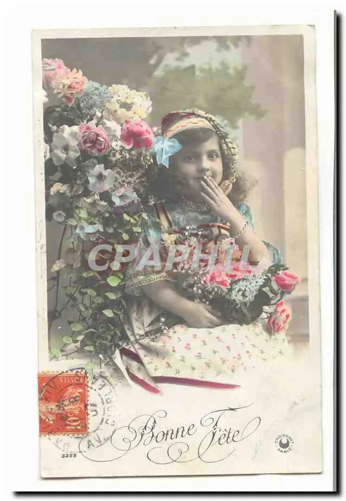 Mädchen mit Blumenstrauß — Frohe Geburtstagskarte — Verlag Choisy-sur-Orge, Nr. 3358 - Vorderseite