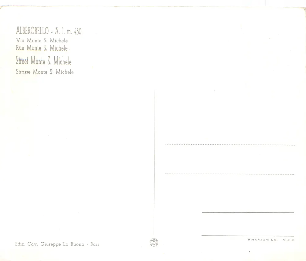 Alberobello — Straße Monte S. Michele — Verlag P. Marzari - Bari, Nr. 19 - Rückseite