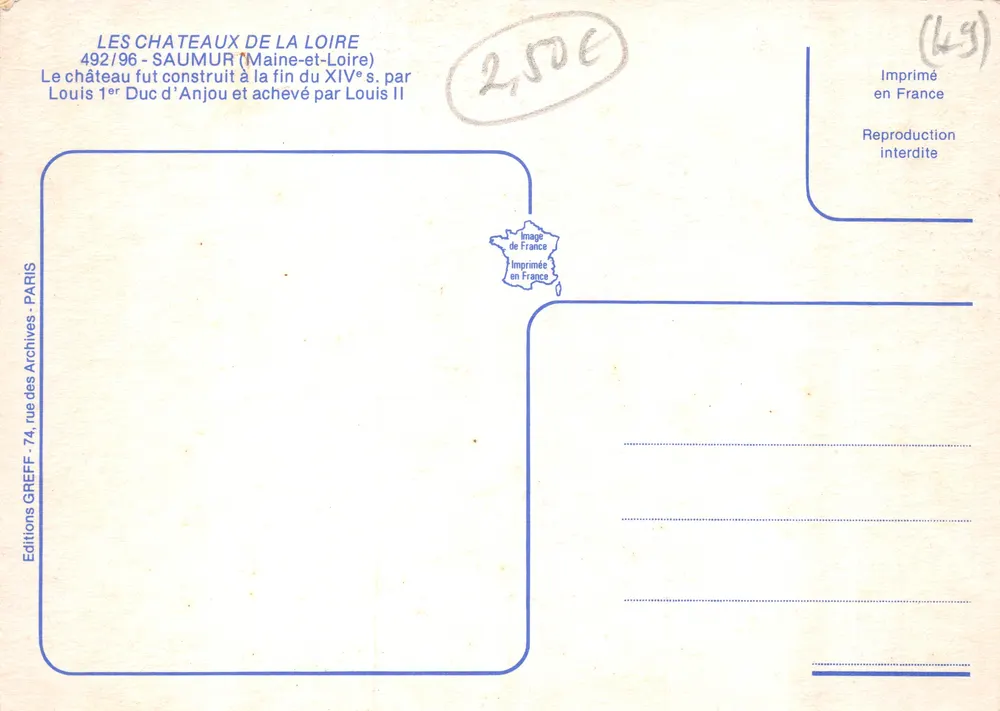 Château de Saumur — vue panoramique — Éditions GREFF, Paris, n° 492/96 - Verso
