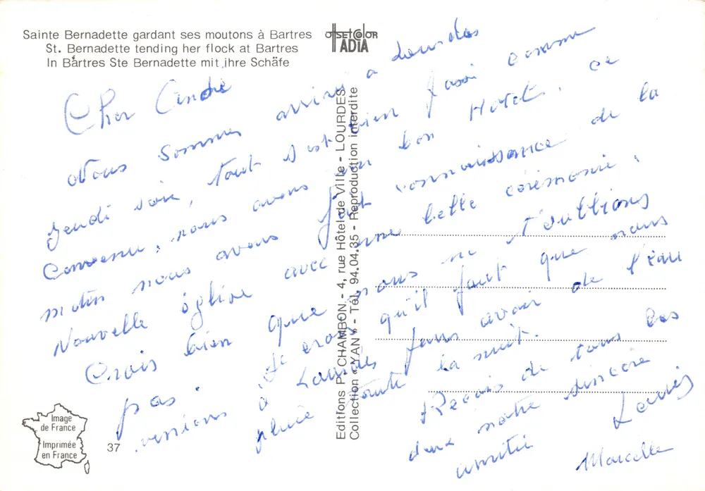 Sainte Bernadette — gardant ses moutons à Bartres — éditeur ADIA, n°37 - Verso