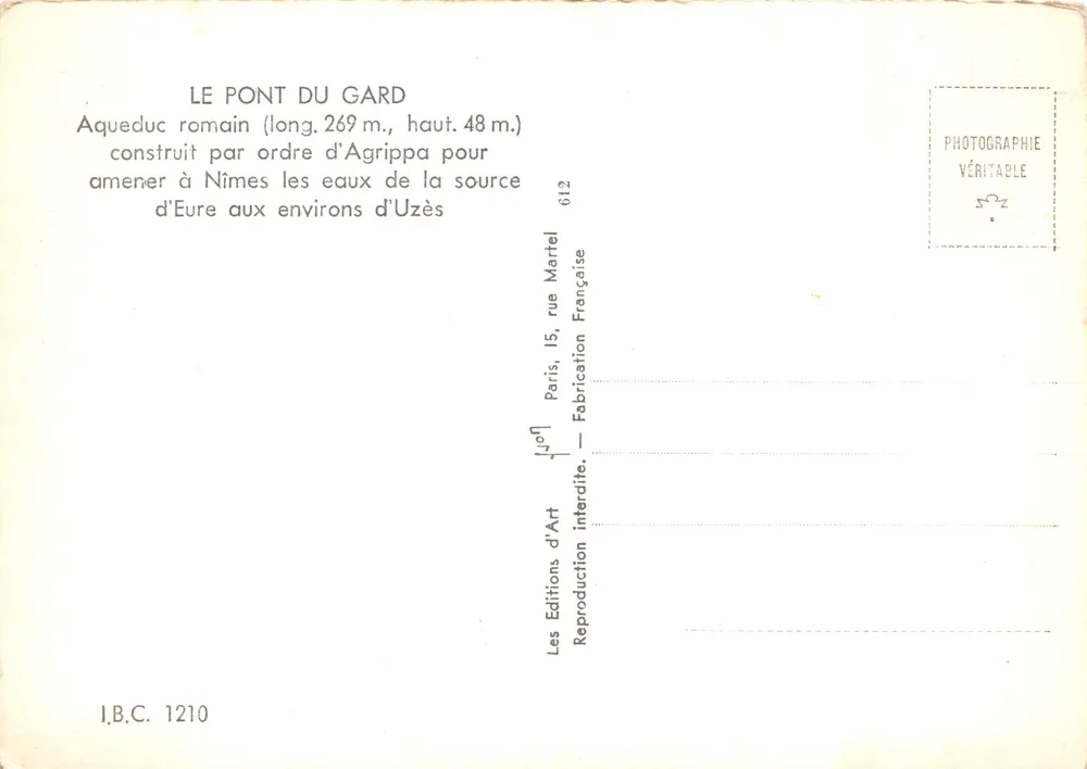 Pont du Gard — aqueduc romain à trois niveaux — Éditions d'Art, Paris - Verso