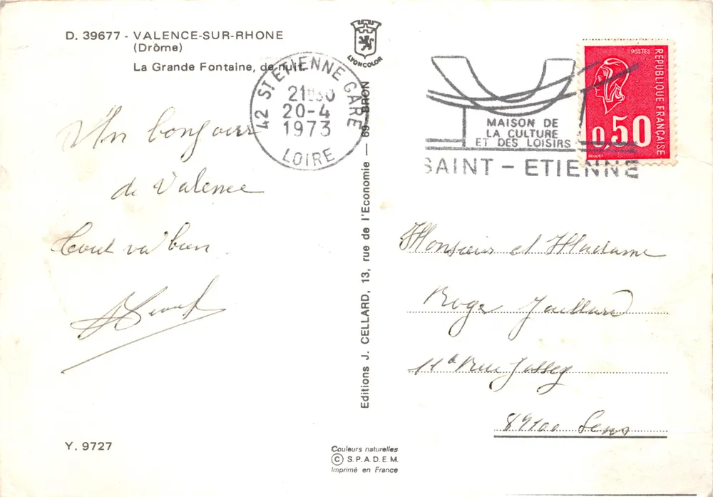 Valence in der Nacht — La Grande Fontaine, Verlag Editions J. Cellard, Nr. Y.9727 - Rückseite