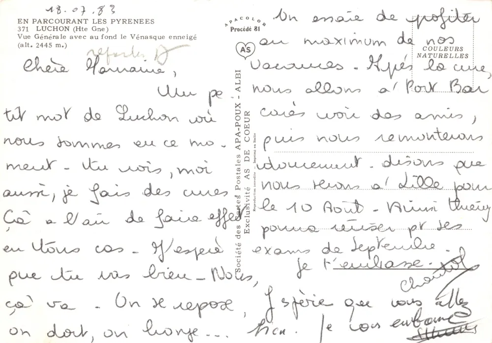 Luchon — vue générale avec le Vénasque enneigé (alt. 2445 m) — éditeur AS - Verso