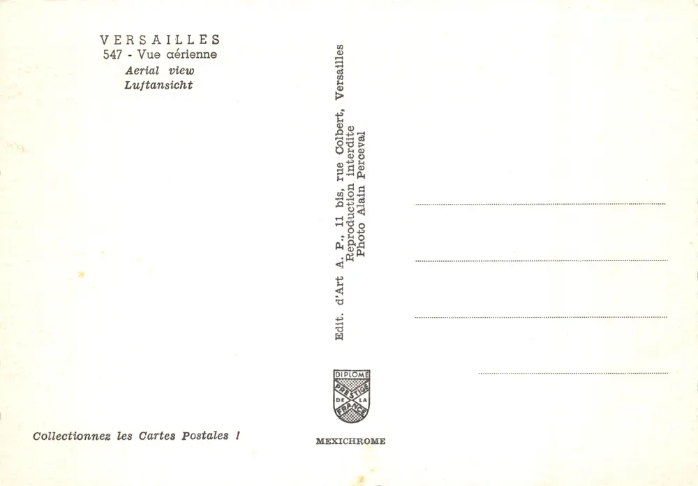 Versailles — Vue aérienne du château et des jardins — Éditeur IRIS - Verso