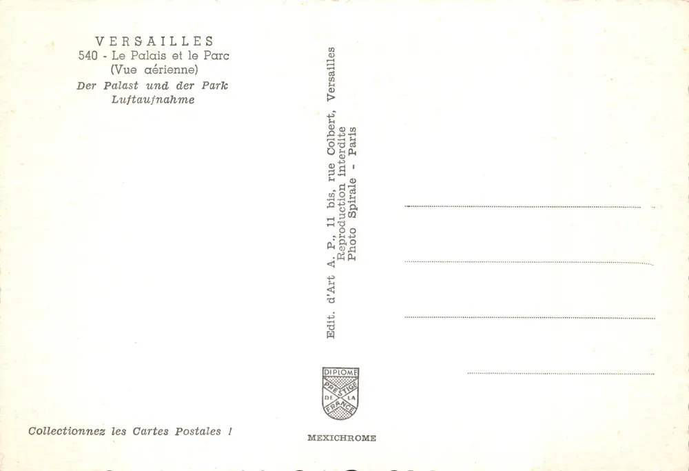 Versailles — Luftbild des Schlosses und des Parks — Verlag: Diplôme de l'Espace - Rückseite
