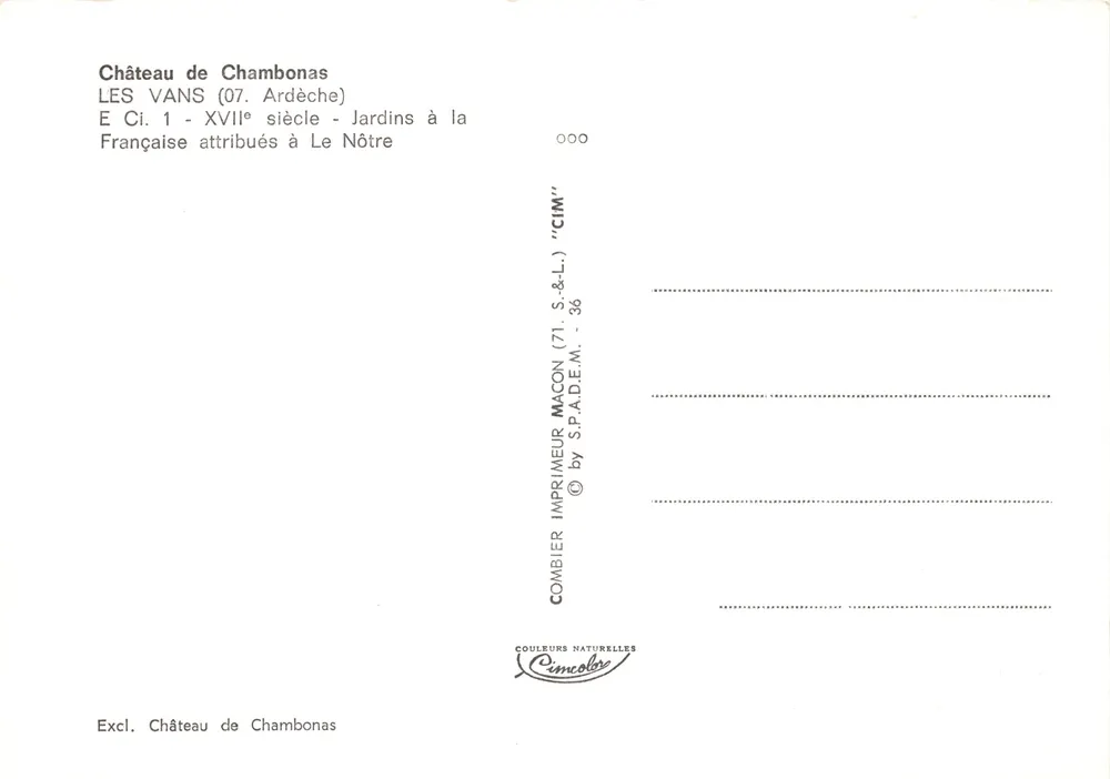 Schloss Chambonas — Ansicht des Schlosses mit Gärten — Verleger Combier Imprimeur Mâcon - Rückseite