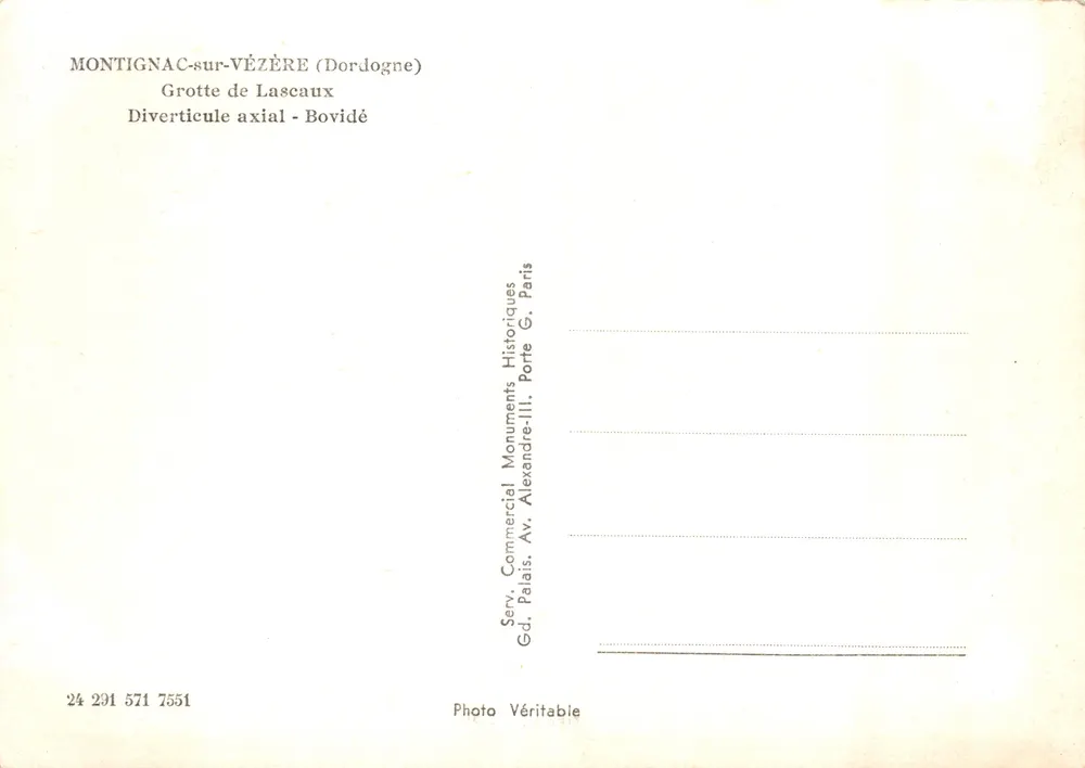 Lascaux-Höhle — Axialer Seitenarm — Bovidé — Verlag Serv. Commercial Monuments Historiques, Paris - Rückseite