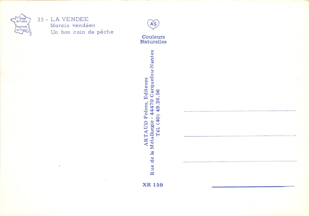 La Vendée — Marais vendéen, scène de pêche — éditeur ARTAUD Frères - Verso