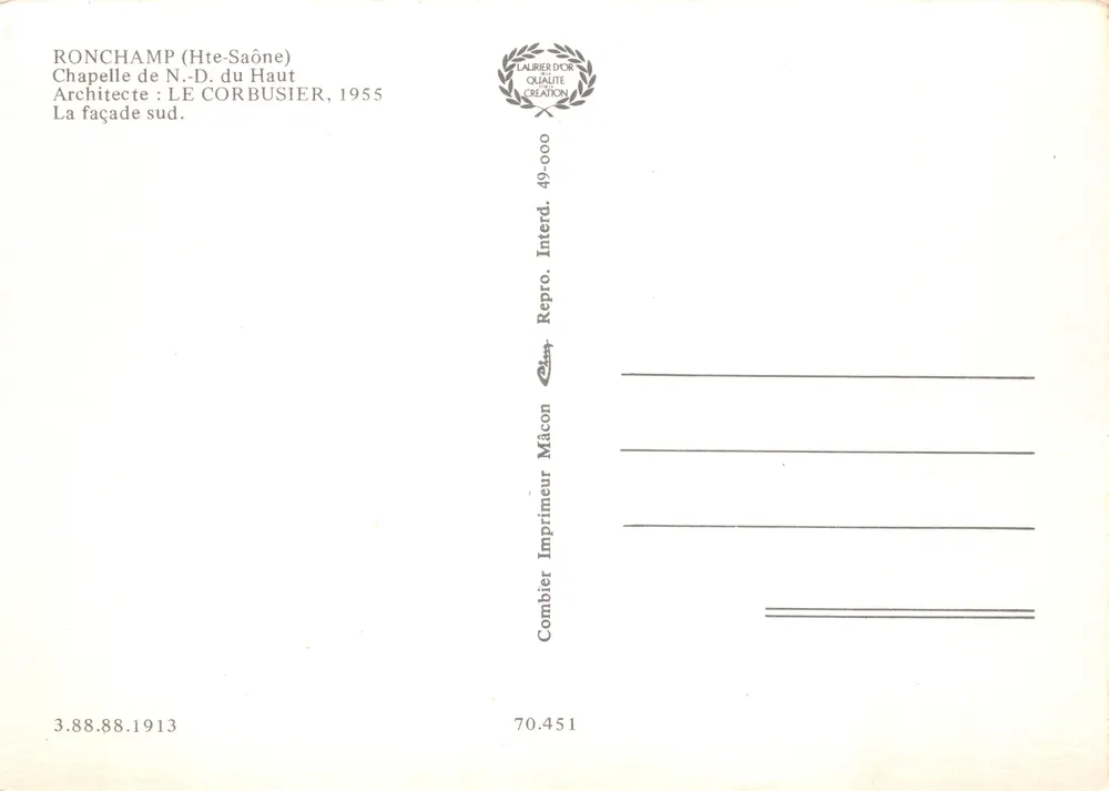 Ronchamp (Haute-Saône) — Oberkapelle, Südseite — Verleger Combier, n° 70.451 - Rückseite